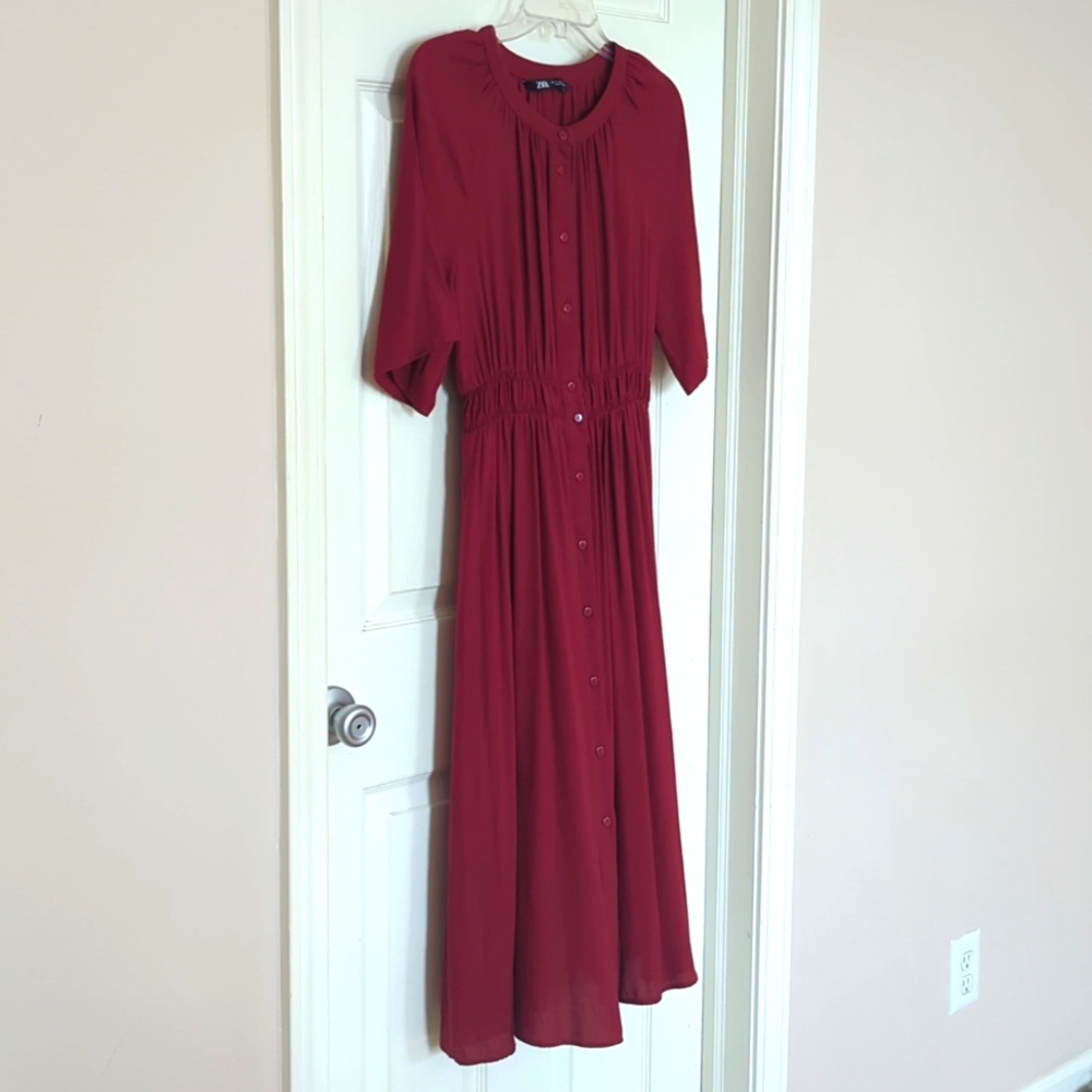 Zara Cranberry Button Front Accent Waist Dress Sm… - image 3